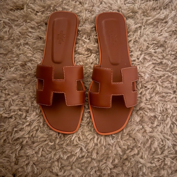 Hermes Shoes - Hermes Brown Leather Oran Slide Sandals